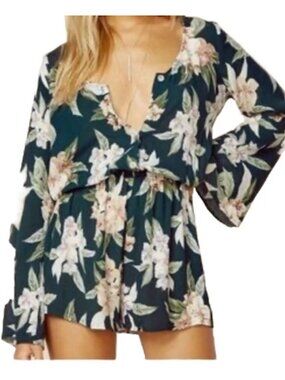 Show Me Your Mumu Floral Romper Green Long Sleeve V Neck Boho Playsuit Summer